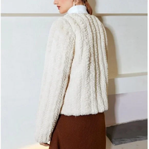 elegant contrast binding hook closure fuzzy coat chic classic - Picture 7 of 10